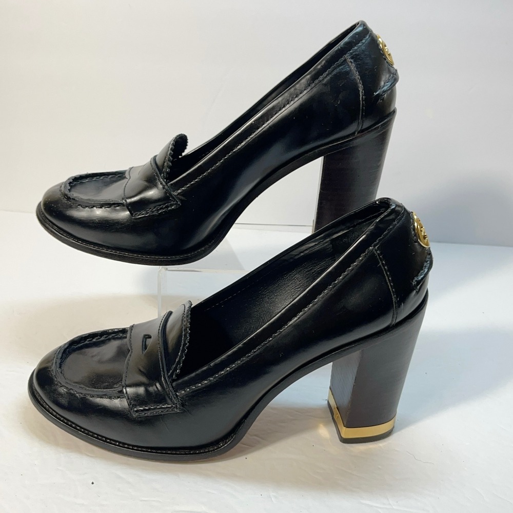 Tory Burch Womens Heeled Loafer Pumps 8.5M Black Leather Logo Block Heel Preppy - Picture 10 of 11